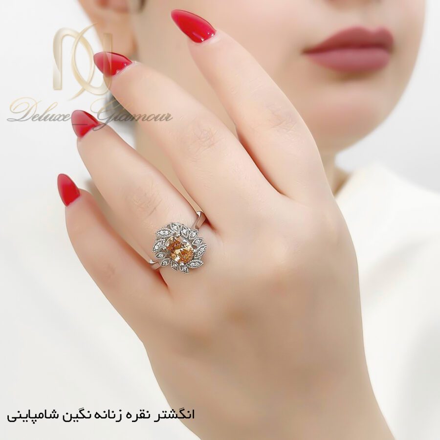 انگشتر نقره زنانه جواهری نگین شاماپنی