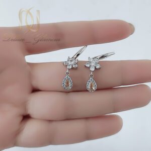 گوشواره نقره زنانه مدل گل و اشک نگین شامپاینی و سفید
