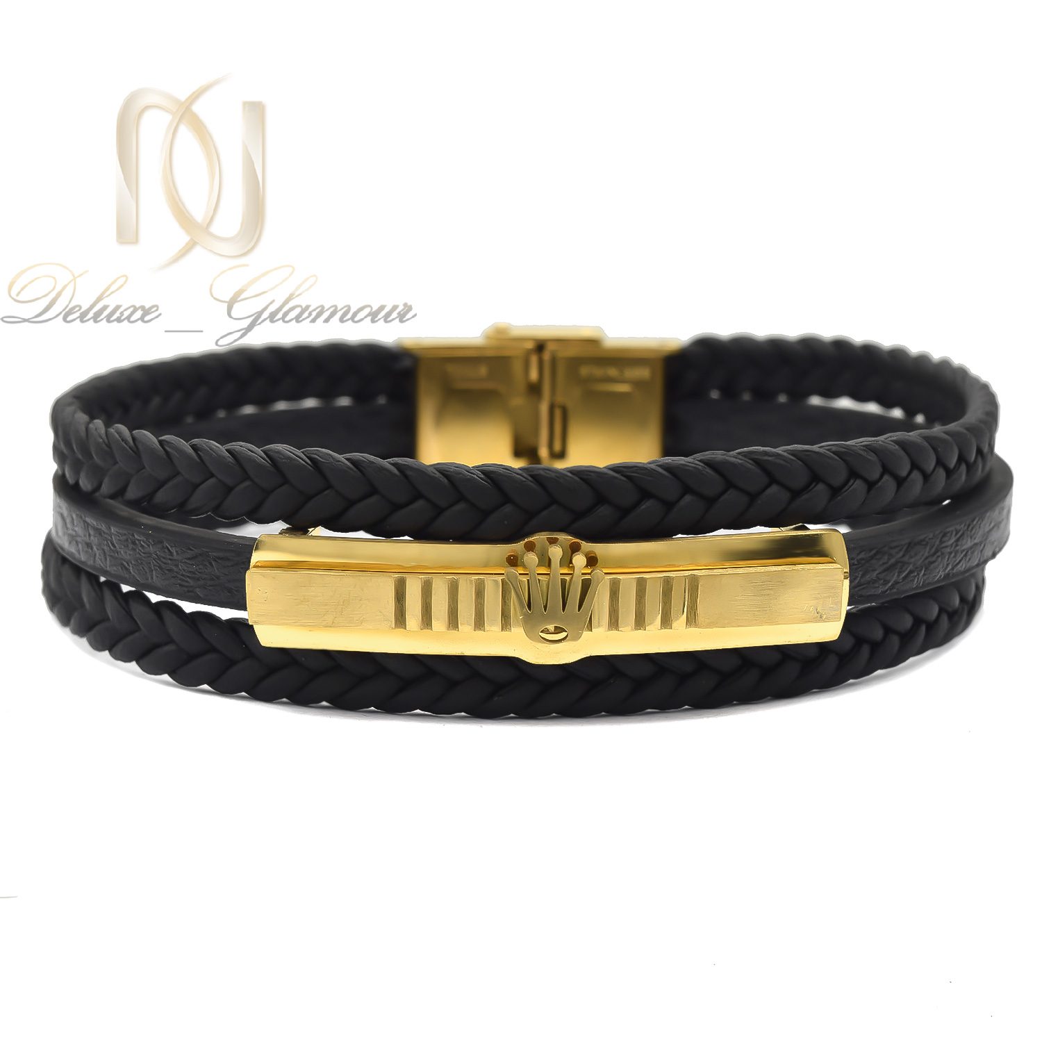 دستبند مردانه چرمی رولکس رویه طلایی