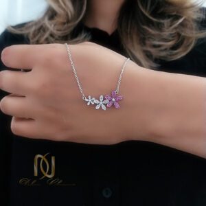 گردنبند نقره زنانه مدل گل نگین سفید و بنفش