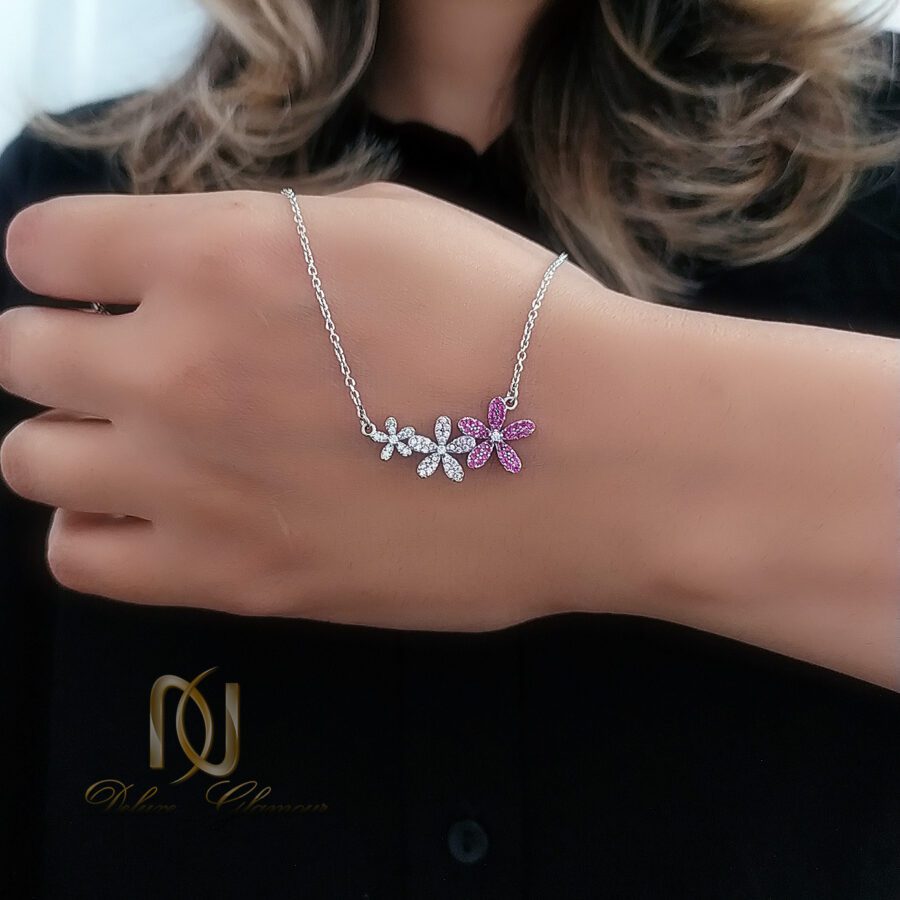 گردنبند نقره زنانه مدل گل نگین سفید و بنفش