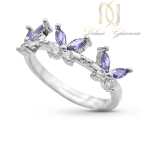 انگشتر زنانه استیل پروانه نگین بنفش و سفید