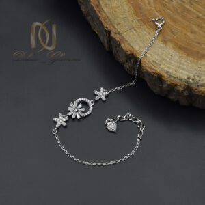 دستبند نقره دخترانه ماه و ستاره و گل نگین سفید