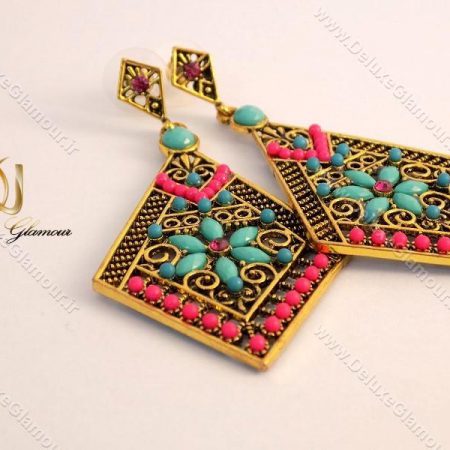گوشواره زنانه برنجی رنگی طرح لوزی er-n103 روی هم