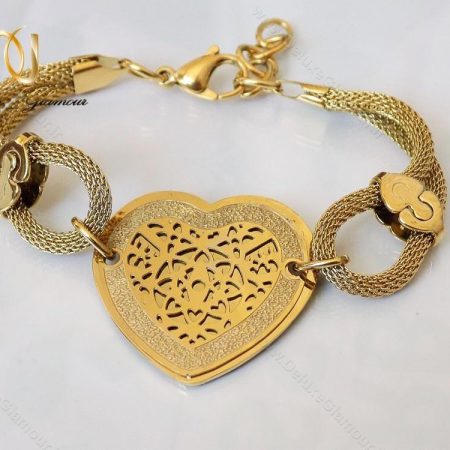 دستبند استیل زنانه زنجیری طلایی طرح قلب ds-n123 از نمای دیگر