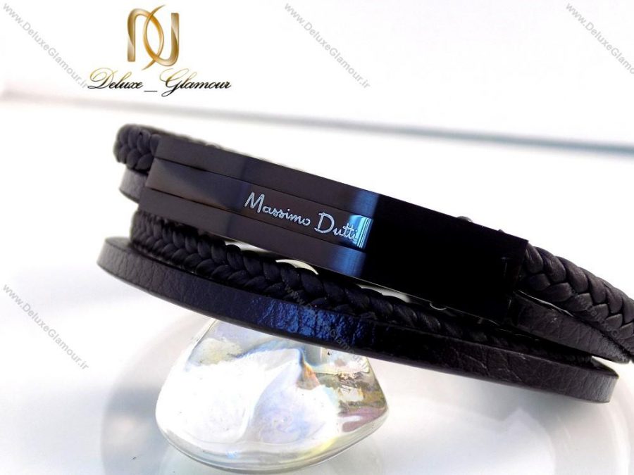 دستبند چرمی massimo dutti چند ردیفه مردانه مشکی ds-n146 روی سنگ