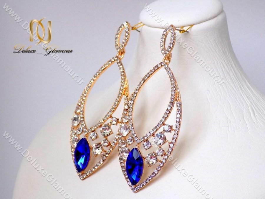 گوشواره برنجی طرح اشک با نگین آبی er-n108 از بالا