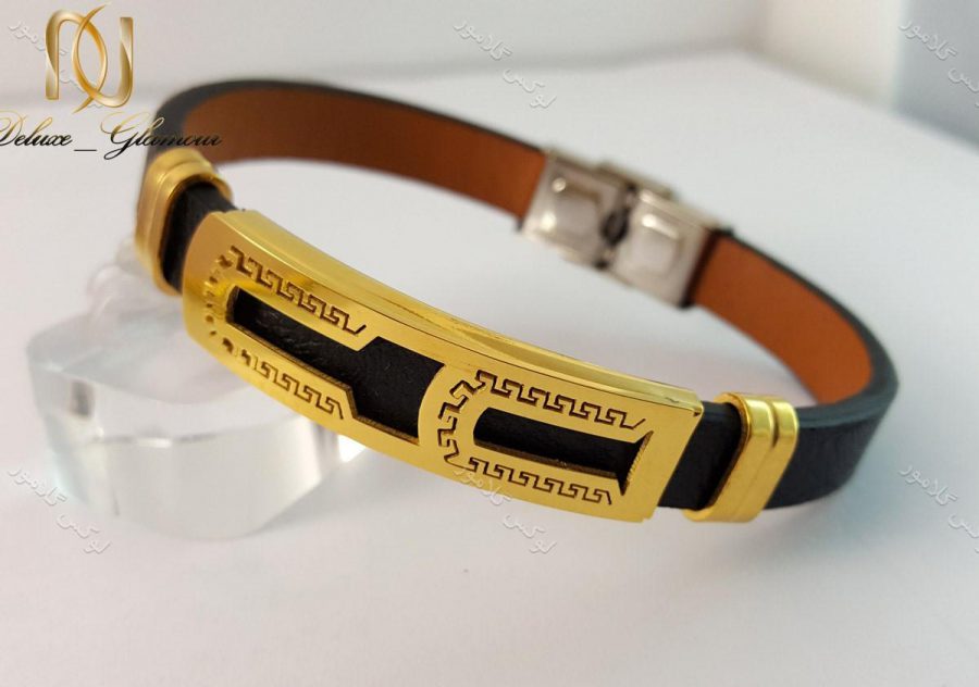 دستبند چرمی مردانه یک ردیفه مشکی طلایی قفل جعبه ای ch-103 از نمای دیگر