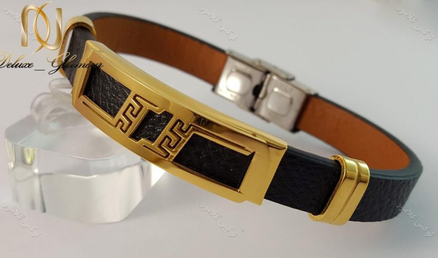دستبند چرمی مردانه تک ردیفه مشکی-طلایی با قفل جعبه ای ch-104