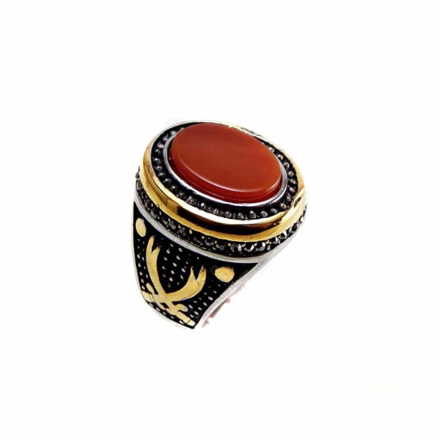 انگشتر استیل مردانه سنگ عقیق طلایی و نقره ای