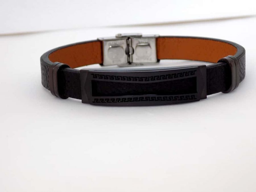 دستبند مردانه چرم و استیل تک ردیفه با پلاک متحرک مشکی ds-n157 عکس اصلی دستبند
