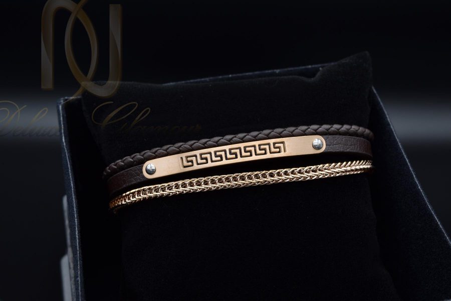 دستبند مردانه چرم سه لاینه زنجیری با رویه استیل رنگ رزگلد