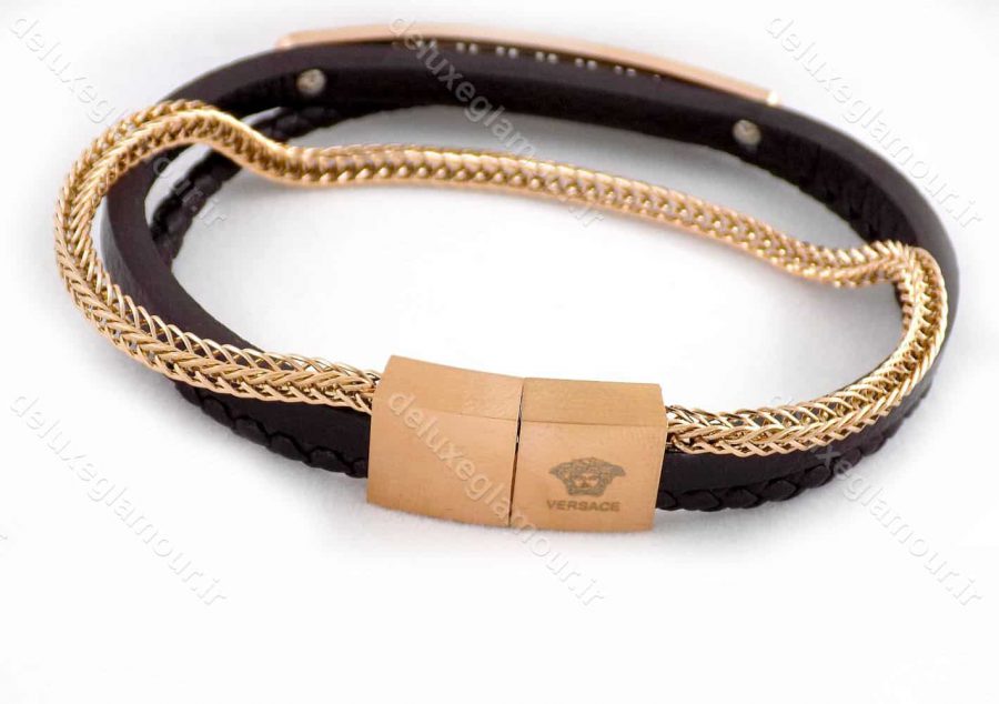 دستبند مردانه چرم سه لاینه زنجیری با رویه استیل رنگ رزگلد ds-n189 از نمای پشت