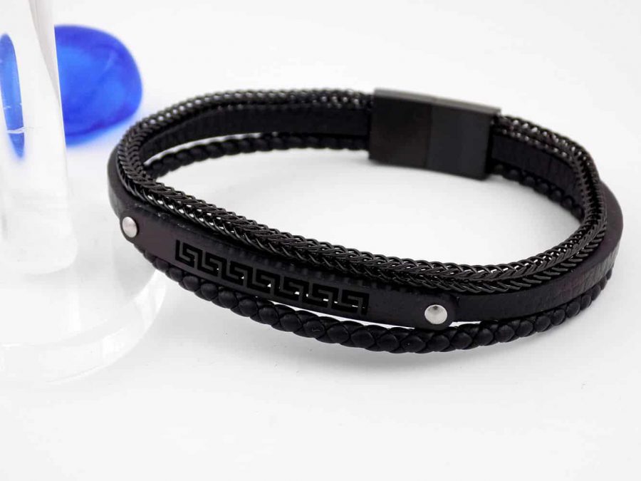 دستبند چرمی مردانه مشکی زنجیری طرح ورساچه ds-n159 از نمای کنار