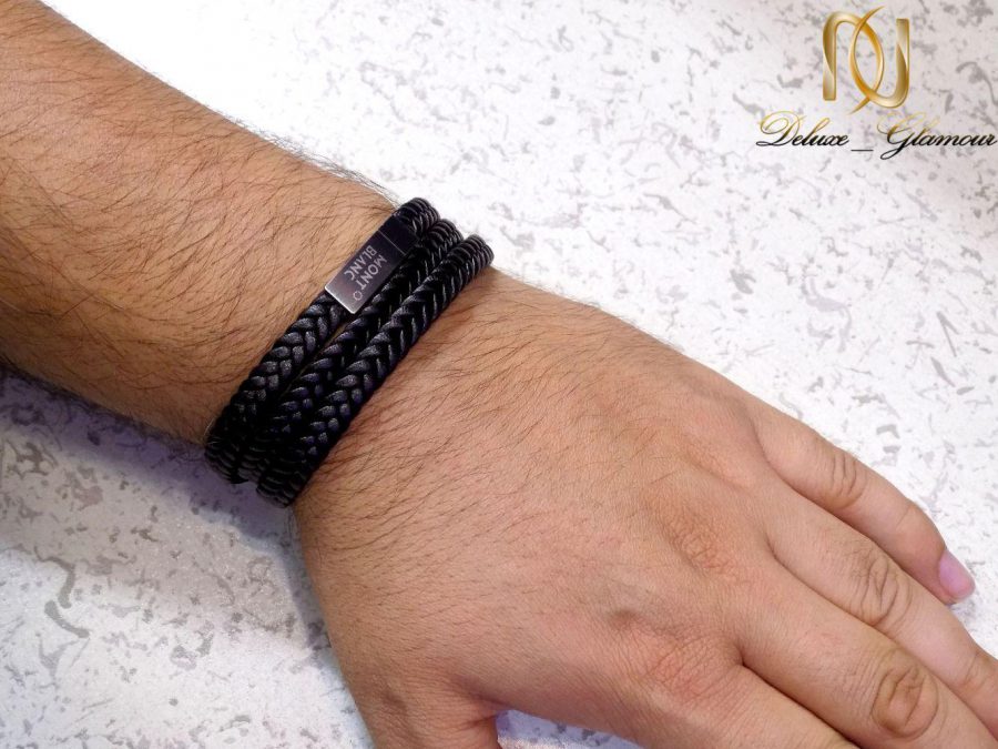 دستبند مردانه چرم سه لاینه طرح مونت بلانک با رویه استیل DS-N208 از نمای بالا