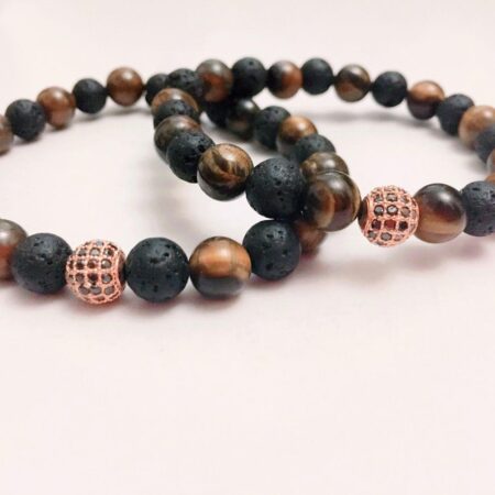 ست دستبند دخترانه و پسرانه سنگ لاوا و چشم ببري ds-n223 از نمای روبرو