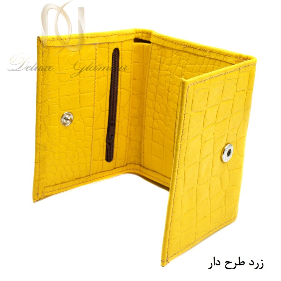 کیف پول دخترانه چرم طبیعی زرد طرحدار