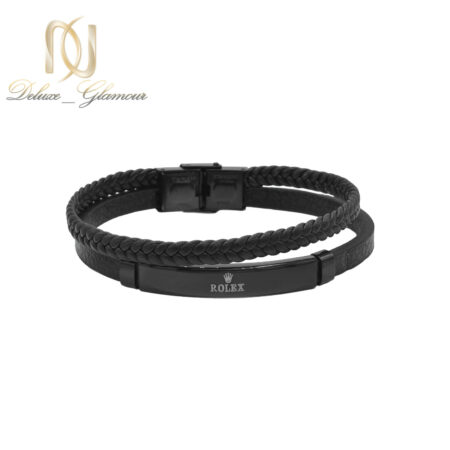 دستبند چرم ROLEX دو ردیفه رویه استیل مشکی BR-N100