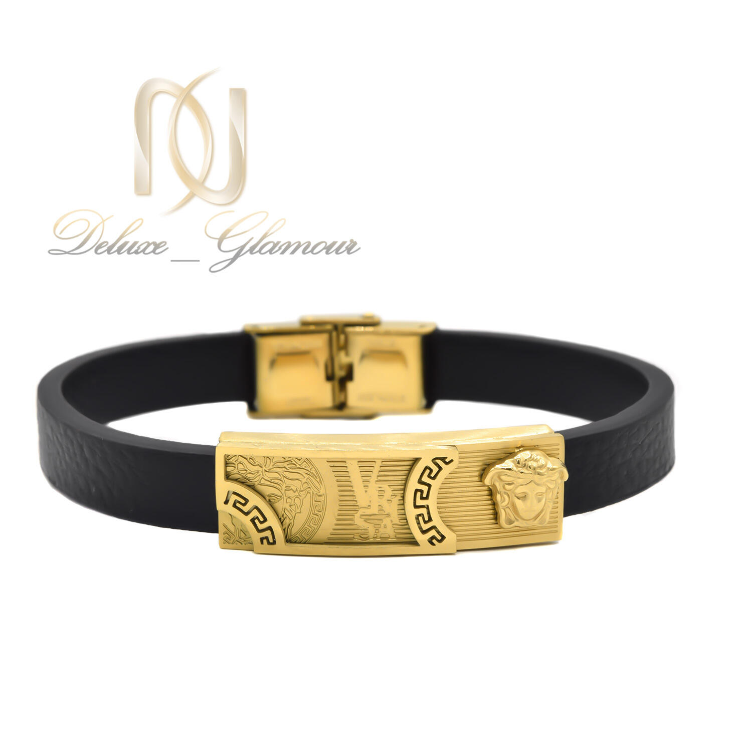 دستبند مردانه چرم طرح ورساچه رویه طلایی br-n153