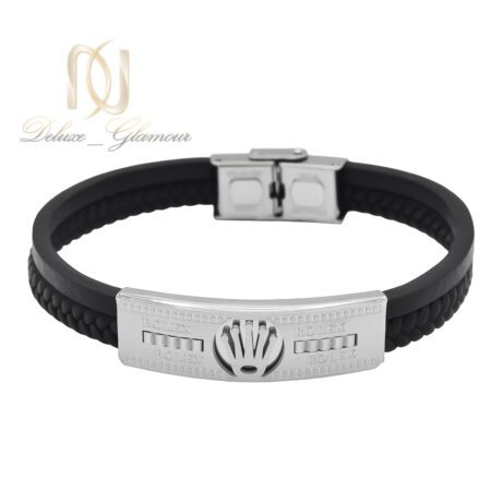 دستبند مردانه چرم رولکس رویه نقره ای