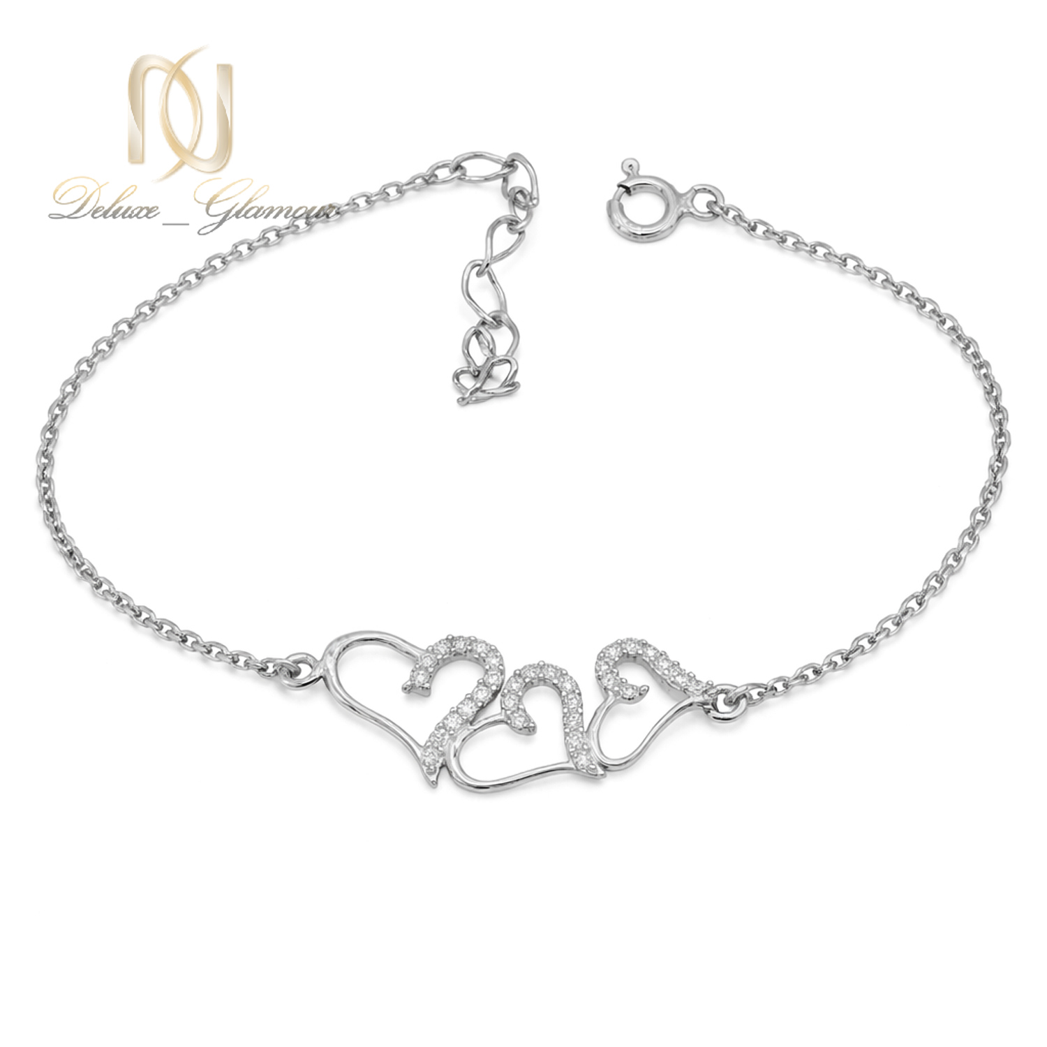 دستبند نقره زنانه زنجیری قلب سه تایی