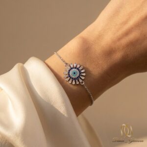 دستبند نقره زنانه گل و چشم نظر - br-n419 - 4